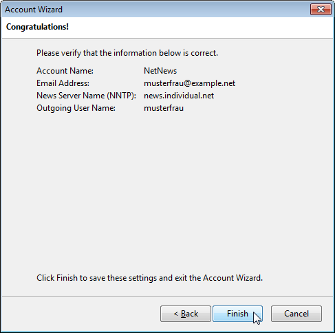 Account wizard: Final dialog